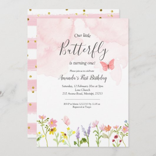 リトルバタフライガール誕生日の招待状 招待状 (正面/裏面)