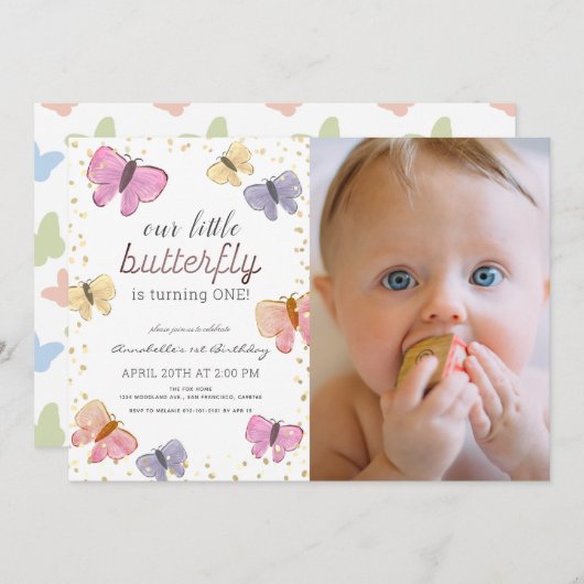 リトルバタフライガール 1歳の誕生日写真 招待状 (正面/裏面)