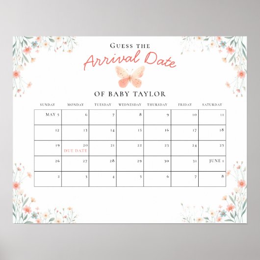 リトルバタフライコーラルガールベビーシャワー推定日 ポスター (正面)