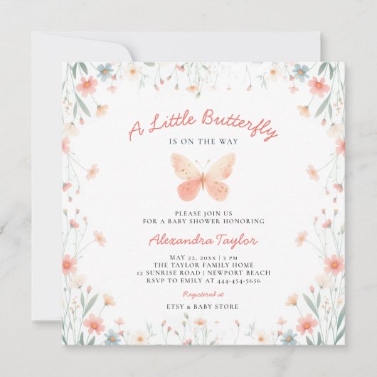リトルバタフライサンゴティール(緑がかった色)かわいい女の子ベビーシャワー 招待状 (正面)