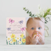 リトルバタフライダッフォディルピンク写真1歳の誕生日 招待状 (スタンド正面)