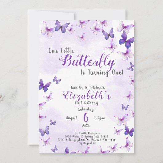 リトルバタフライパープルガールファースト誕生日 招待状 (正面)