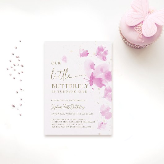 リトルバタフライピンクバジェット第1誕生日 招待状