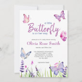 リトルバタフライピンクパープルガールベビーシャワー 招待状 (正面)