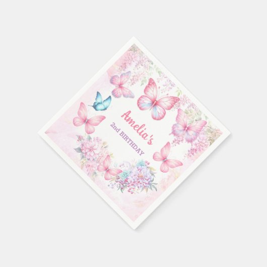 リトルバタフライピンクパープルサマーガール誕生日 スタンダードカクテルナプキン (角)