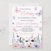 リトルバタフライピンクパープルフローラ誕生日 招待状 (正面)