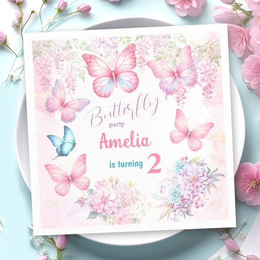 リトルバタフライピンクフローラサマーガール誕生日 スタンダードカクテルナプキン
