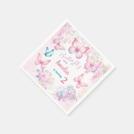 リトルバタフライピンクフローラサマーガール誕生日 スタンダードカクテルナプキン (角)