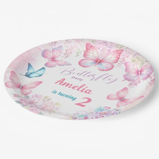 リトルバタフライピンクフローラサマーガール誕生日 ペーパープレート (アングル)