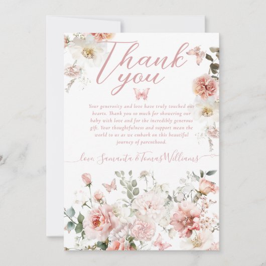 リトルバタフライピンクフローラベビーガールシャワー サンキューカード (正面)
