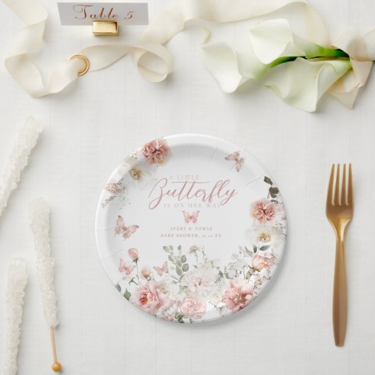 リトルバタフライピンクフローラベビーガールシャワー ペーパープレート (ウェディング)