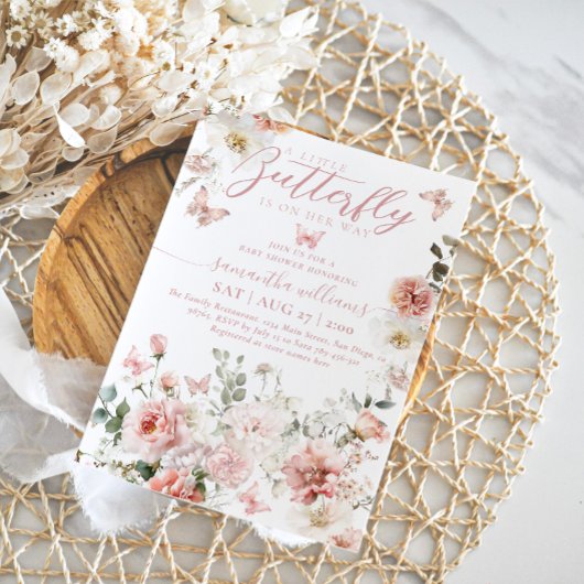 リトルバタフライピンクフローラベビーガールシャワー 招待状