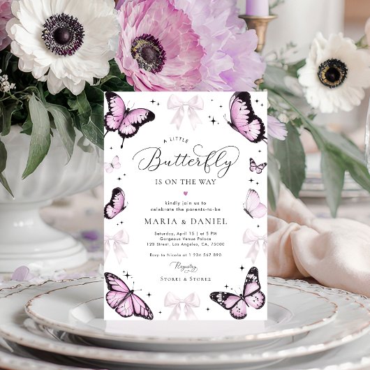 リトルバタフライピンクボウガールベビーシャワー 招待状