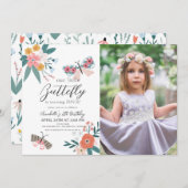 リトルバタフライフローラガール誕生日写真 招待状 (正面/裏面)