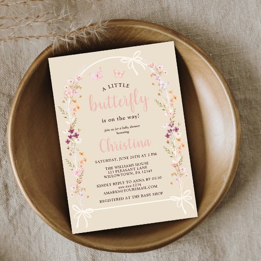 リトルバタフライボホワイルドフラワーベビーシャワー 招待状