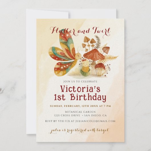 リトルバタフライマッシュルームワイルドフラワー誕生日 招待状 (正面)