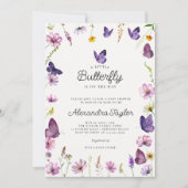 リトルバタフライワイルドパープルシック赤ちゃんガールシャワー 招待状 (正面)
