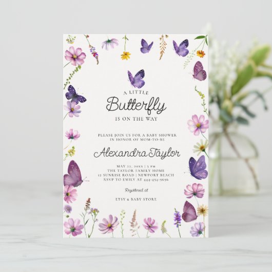 リトルバタフライワイルドパープルシック赤ちゃんガールシャワー 招待状 (スタンド正面)