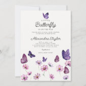 リトルバタフライワイルドパープルピンクベビーガールシャワー 招待状 (正面)