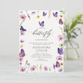 リトルバタフライワイルドパープルピンクベビーガールシャワー 招待状 (スタンド正面)