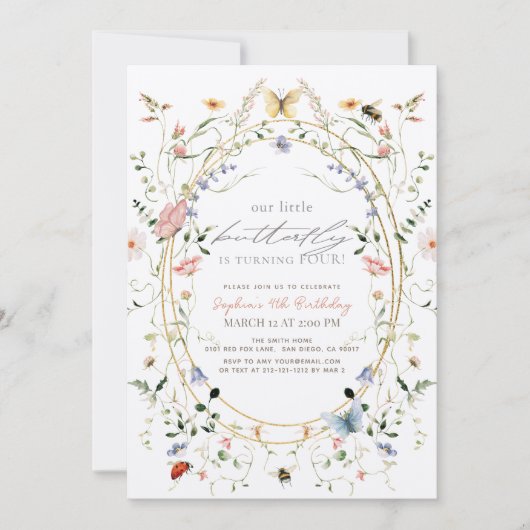 リトルバタフライワイルドフラワービーガール誕生日 招待状 (正面)