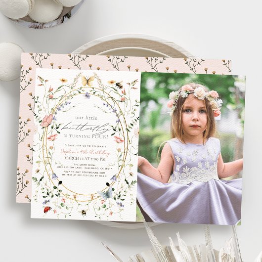 リトルバタフライワイルドフラワービーフォト誕生日 招待状