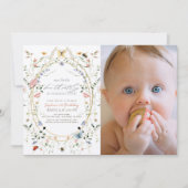 リトルバタフライワイルドフラワービー写真1st誕生日 招待状 (正面)