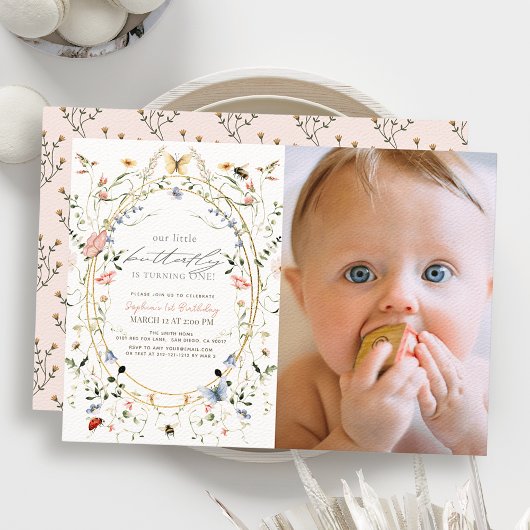 リトルバタフライワイルドフラワービー写真1st誕生日 招待状