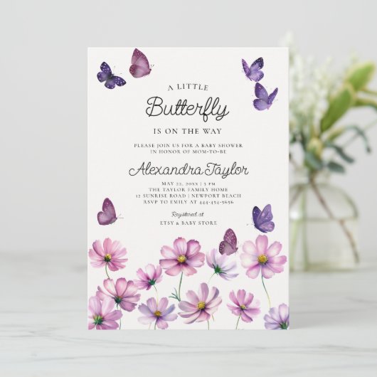リトルバタフライワイルドフラワーピンク赤ちゃんガールシャワー 招待状 (スタンド正面)