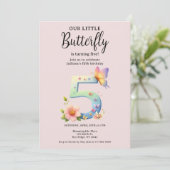 リトルバタフライ5番目の誕生日かわいい番号フォント 招待状 (スタンド正面)