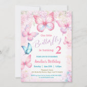 リトルバタフライ ピンクフラワーのサマーガール 誕生日 招待状 (正面)