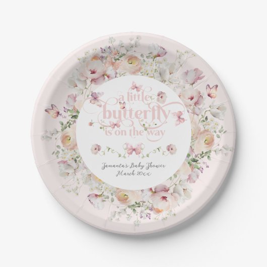 リトルバターフライ赤面ピンクフローラガールベビーシャワー ペーパープレート (正面)