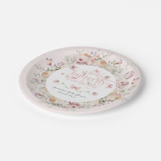 リトルバターフライ赤面ピンクフローラガールベビーシャワー ペーパープレート (アングル)