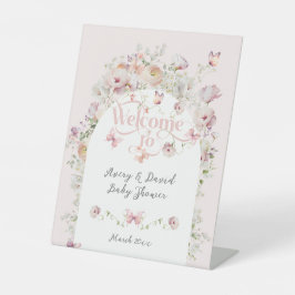リトルバターフライ赤面ピンクフローラガールベビーシャワー 台座サイン