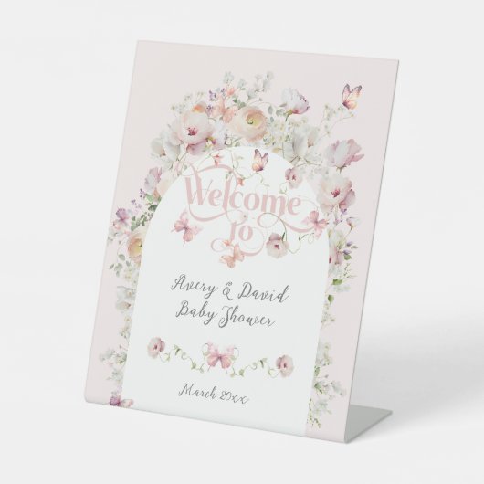 リトルバターフライ赤面ピンクフローラガールベビーシャワー 台座サイン (正面)