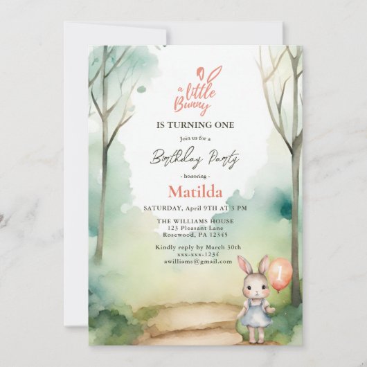 リトルバニーが1つの水の色の誕生日を回している 招待状 (正面)