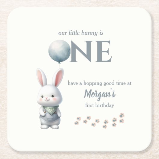 リトルバニーが1ブルーボーイズ1歳の誕生日を飾る スクエアペーパーコースター (正面)