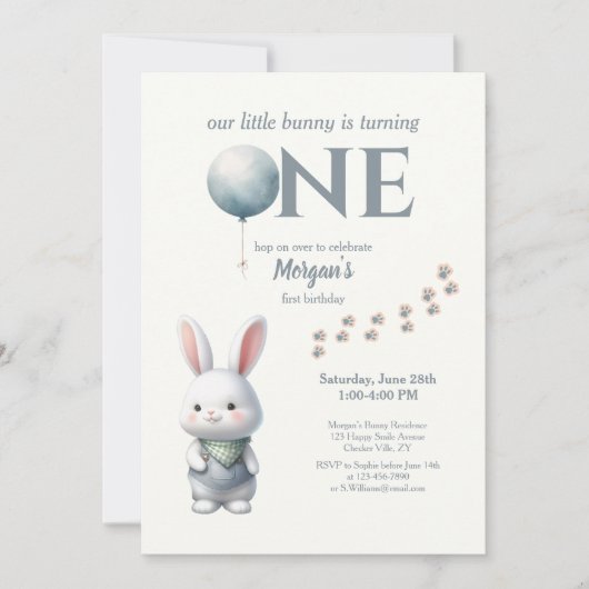 リトルバニーが1ブルーボーイズ1歳の誕生日を飾る 招待状 (正面)