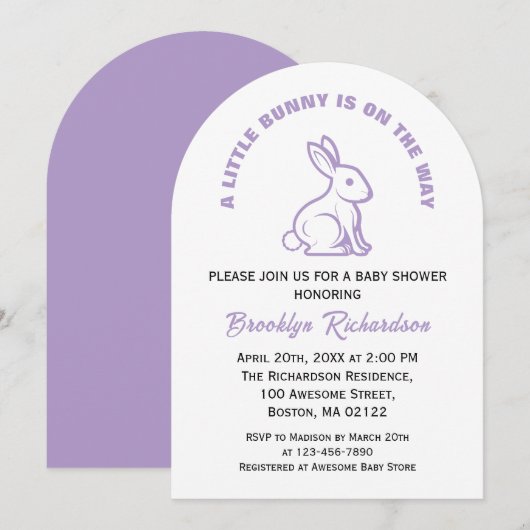 リトルバニーイースターホワイトパープル赤クールちゃんシャワー 招待状 (正面/裏面)