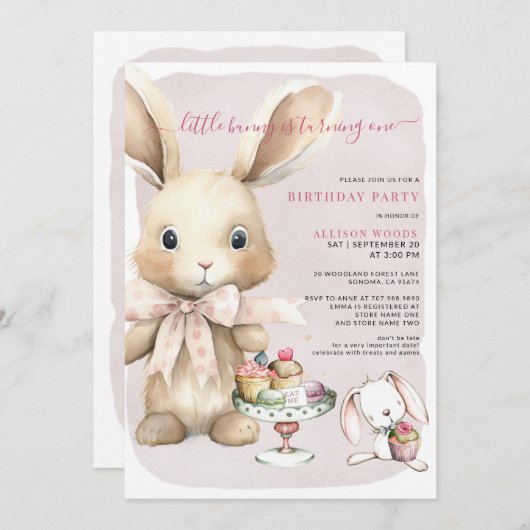リトルバニーホワイトラビットファースト誕生日 招待状 (正面/裏面)