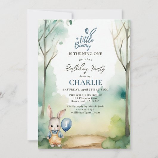 リトルバニーボーイワンウォータースカラー誕生日 招待状 (正面)