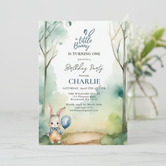 リトルバニーボーイワンウォータースカラー誕生日 招待状 (スタンド正面)