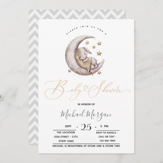 リトルバニームーンスターズジグザグベビーシャワー 招待状 (正面/裏面)