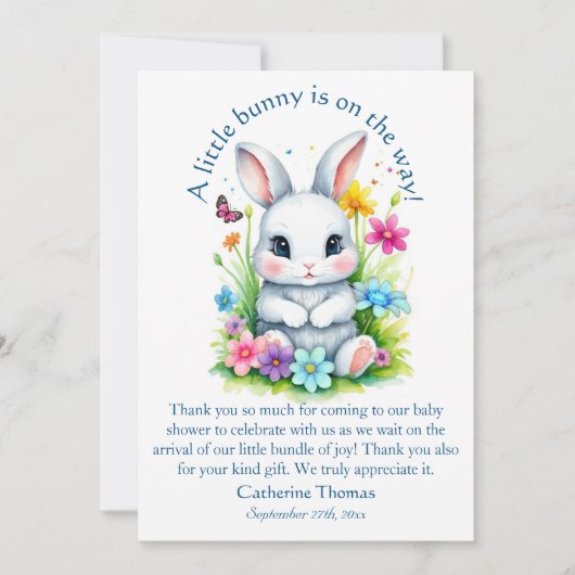 リトルバニーワイルドフラワーガーデンイースターベイビーシャワー サンキューカード (正面)