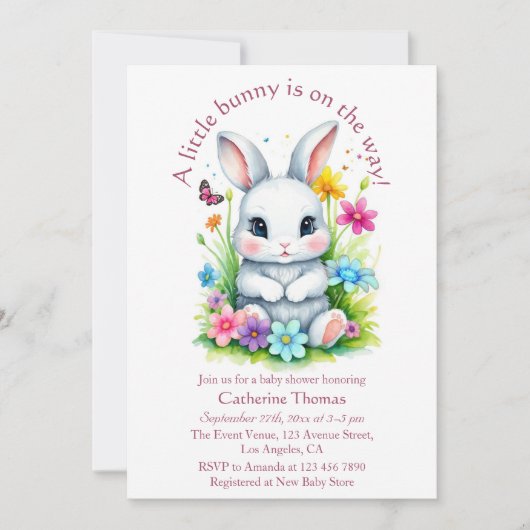 リトルバニーワイルドフラワーガーデンイースターベイビーシャワー 招待状 (正面)