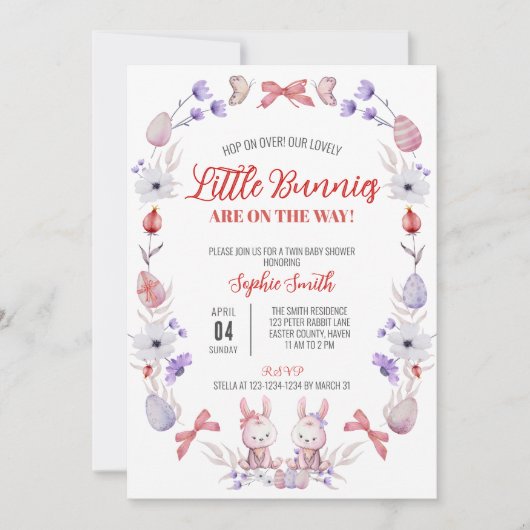 リトルバニー赤ちゃんシャワー、イースターツインシャワー 招待状 (正面)