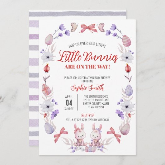 リトルバニー赤ちゃんシャワー、イースターツインシャワー 招待状 (正面/裏面)