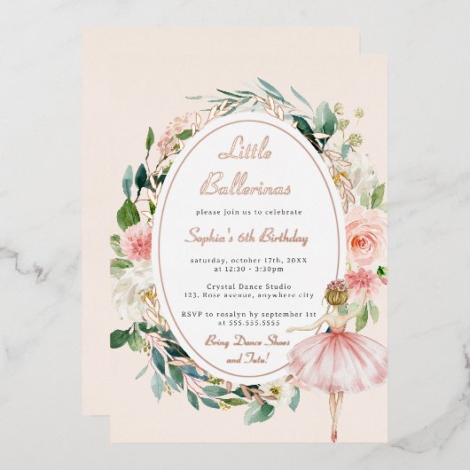 リトルバレリーナフローラバラ金ゴールド子供の誕生日 箔招待状 (正面/裏面)