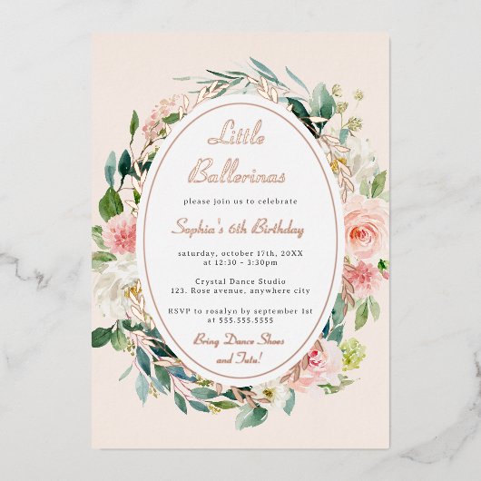リトルバレリーナ子供の誕生日バラ金ゴールドフローラ 箔招待状 (正面)