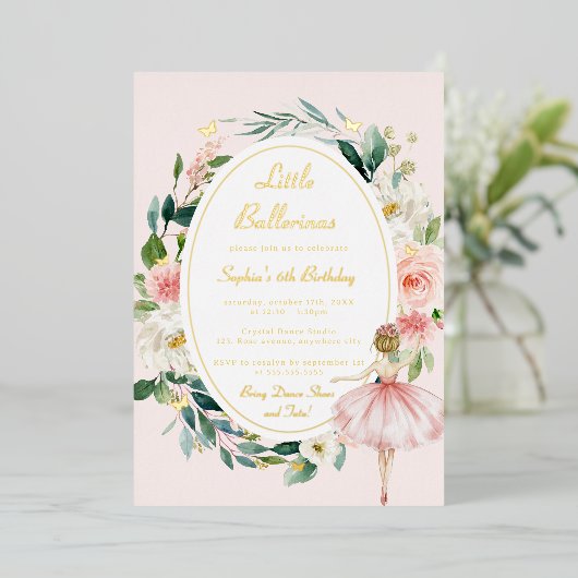 リトルバレリーナ金ゴールドバタフライ子供の誕生日 箔招待状 (立ち正面)